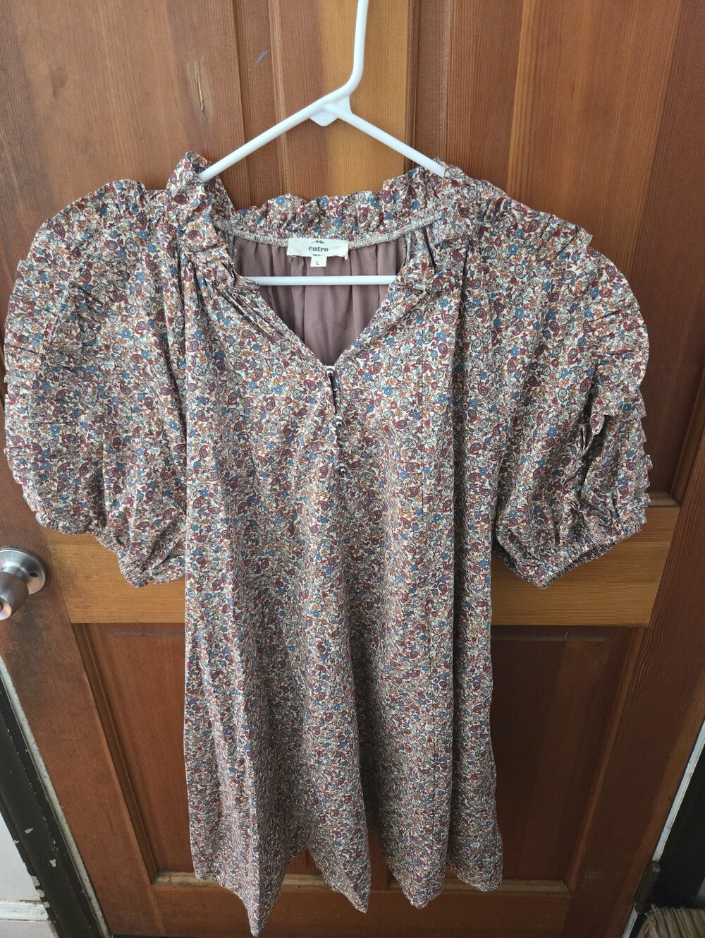 entro Floral Puff-Sleeve Dress in Rust, Blue & Cream